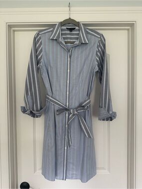 Brooks Brothers Blue and Gray Striped Shirt Dress with Tie Waist